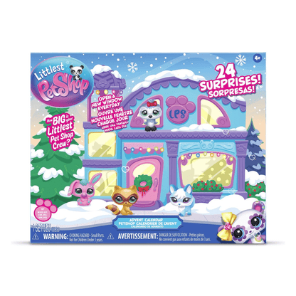 Calendrier de l’Avent Littlest pet shop 2025 avec 24 cases contenant 6 pets, 6 accessoires et 12 stickers colorés pour enfant fans de figurines et d'animaux.