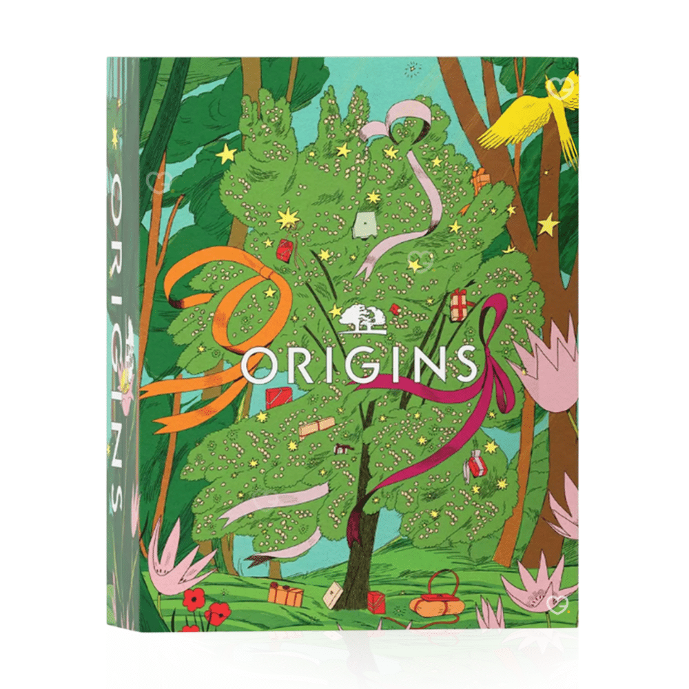 Calendrier de l’Avent Origins 2025 renfermant 24 produits beauté naturels : soins visage et corps pour femme en recherche de bien-être naturel.