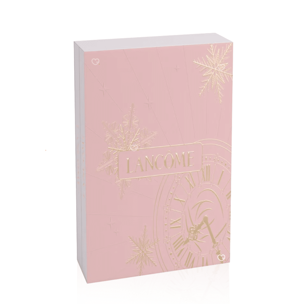 Calendrier de l’Avent beauté Lancôme x Nocibe 2025 en édition limitée, coffret prestige rouge et doré avec 24 soins visage, maquillage et parfums pour femme