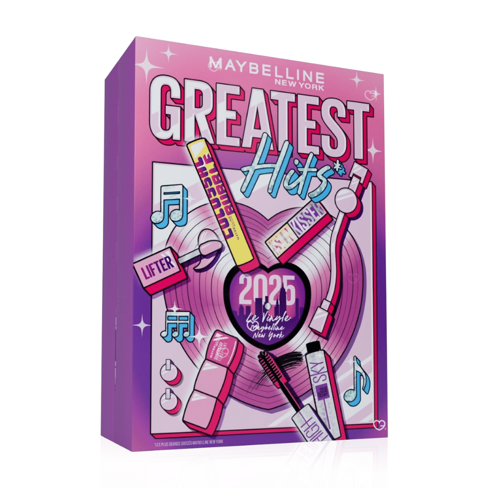 Calendrier de l’Avent Maybelline 2025 avec 24 produits de beauté full size pour teint, lèvres, yeux, ongles et accessoires, idéal pour femme passionnée de maquillage.