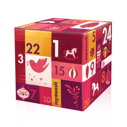 Calendrier de l’Avent mymuesli 2025 avec avec 24 mueslis bio variés dont 12 exclusifs, bons d’achat inclus, idéal pour adulte homme ou femme amateur de bio.