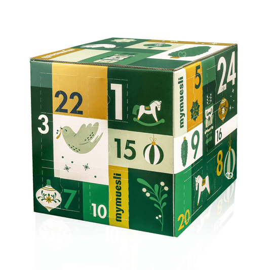 Calendrier de l’Avent mymuesli 2025 Spécial Porridge avec 24 porridges bio variés dont 18 exclusifs et bons cadeaux, idéal pour adulte gourmand.