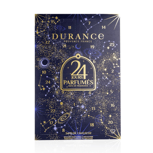 Calendrier de l’Avent Durance 2025 avec 24 bougies parfumées, 12 senteurs exclusives et un photophore en verre, idéal cadeau cocooning et décoration .