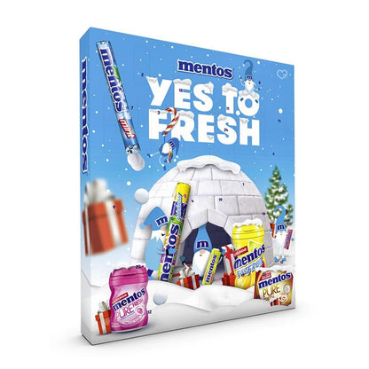 calendrier de l'avent mentos 2025 contenant 24 friandises Mentos avec des dragées à mâcher et des chewing-gums aux différents parfums
