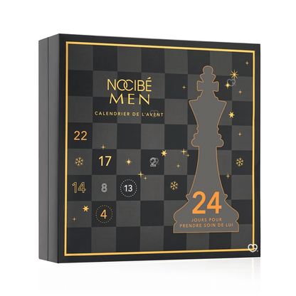 Calendrier de l’Avent Nocibé Homme 2025 avec 24 soins visage, corps et accessoires beauté, cadeau idéal pour beauté homme.